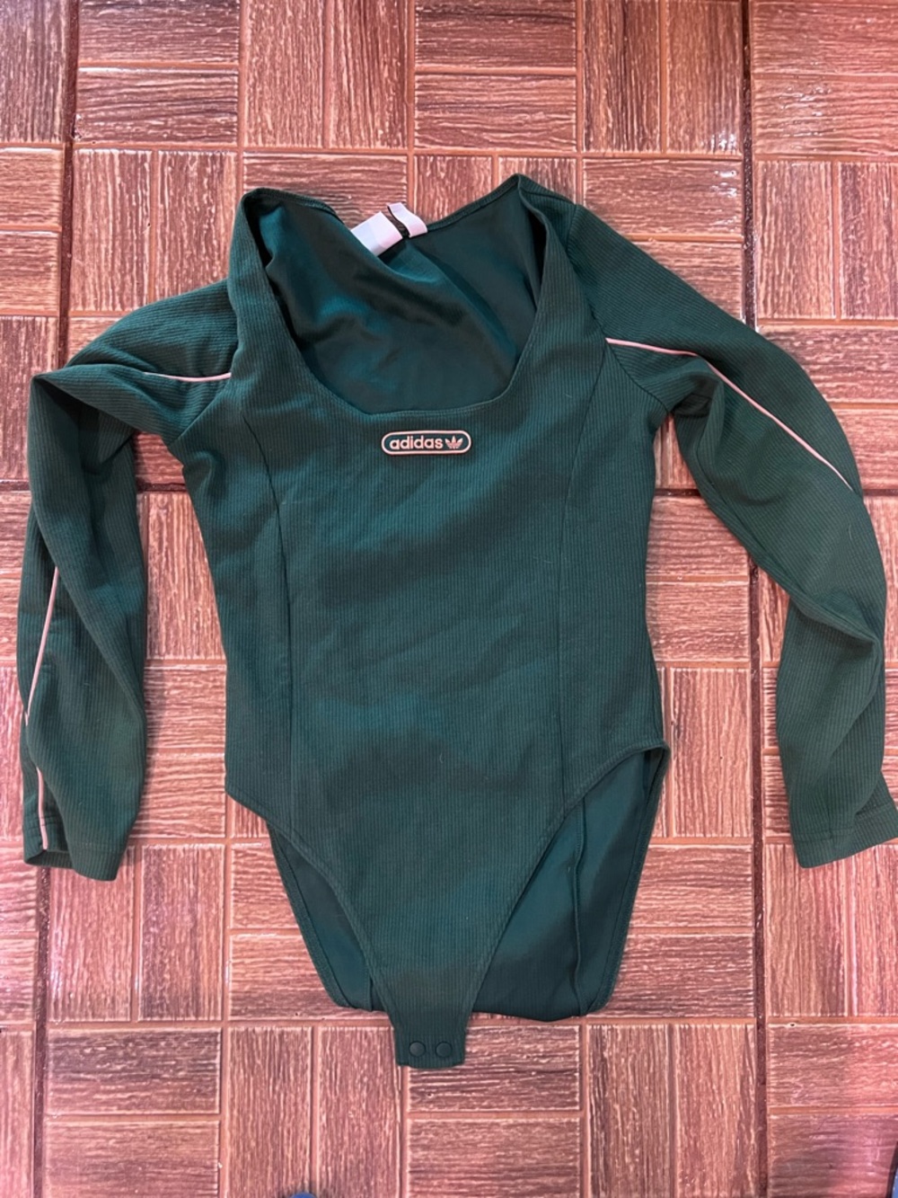 adidas Dark Green Long-Sleeve Kids Bodysuit with Pink Piping